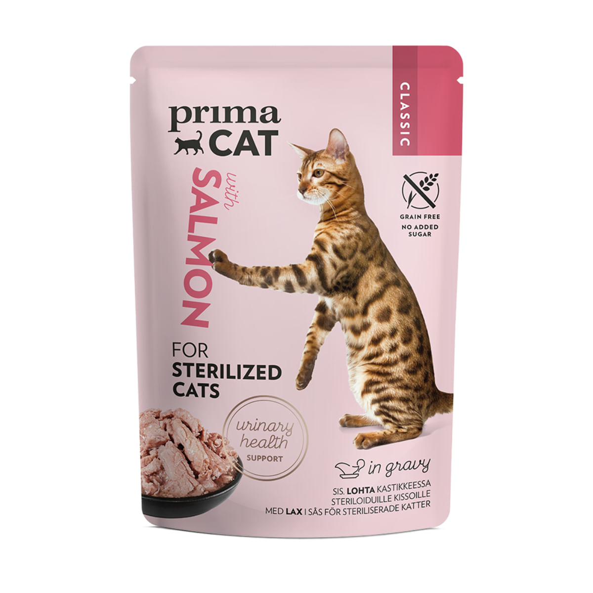 PRIMA CAT Classic Sterilised, Somon, plic hrană umedă fără cereale pisici sterilizate, (în sos), bax, 85g x 28buc