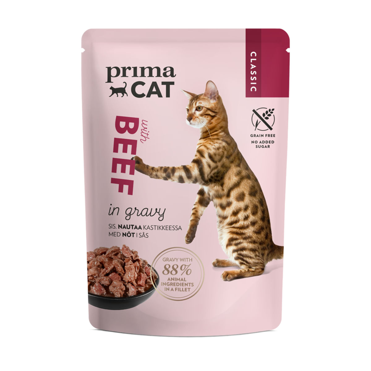 PRIMA CAT Classic, Vită, plic hrană umedă fără cereale pisici, (în sos), bax, 85g x 28buc