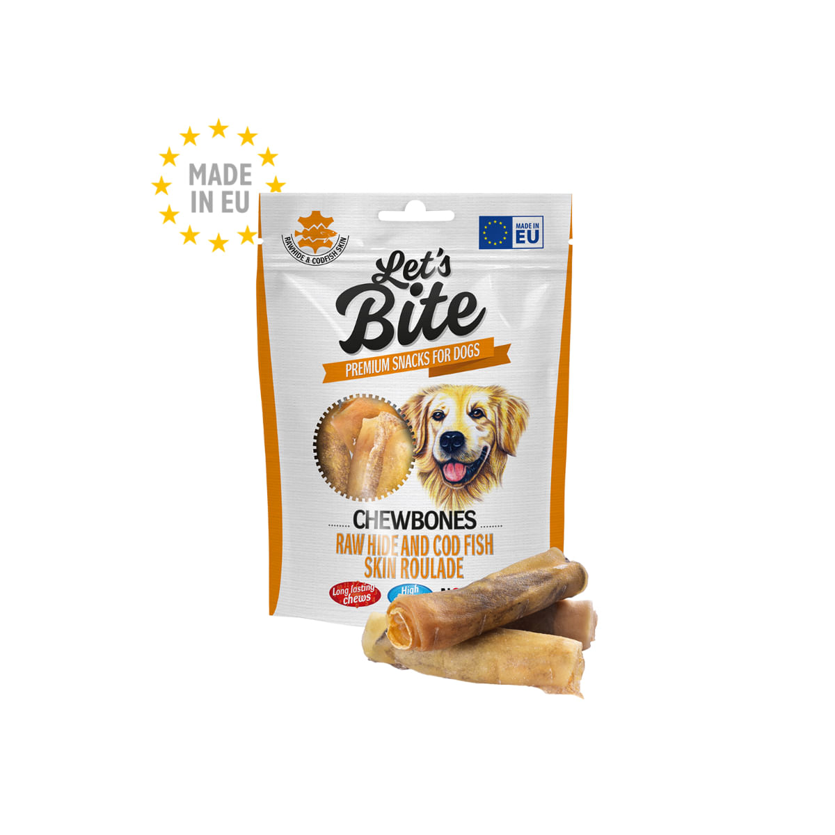 BRIT Let\'s Bite Chewbones Raw hide and Cod Fish Skin Roulade, XS-XL, Cod, punguță recompense fără cereale câini, 135g