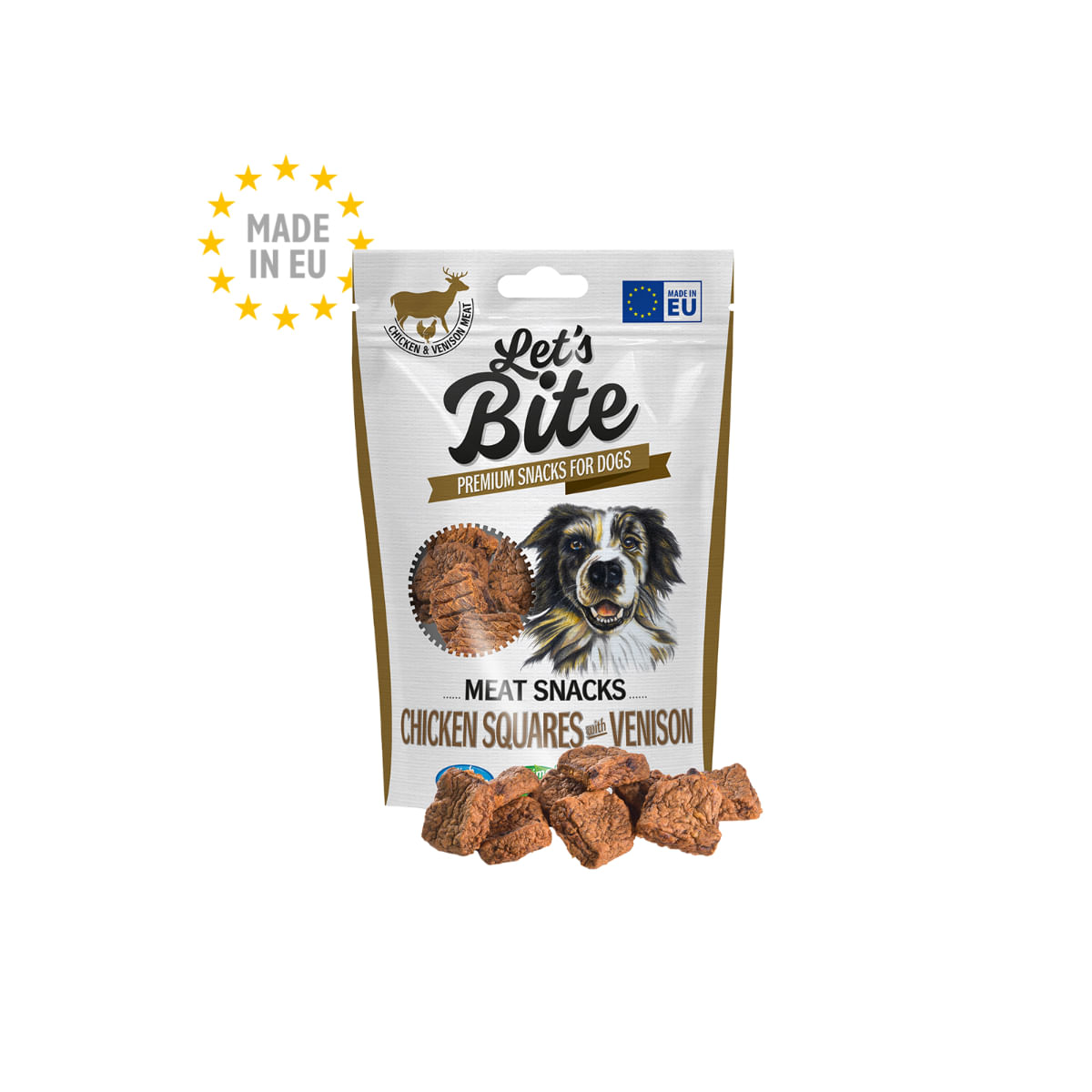 BRIT Let\'s Bite Meat Snacks Chicken Squares with Venison, XS-XL, Vânat și Pui, punguță recompense fără cereale câini, 80g