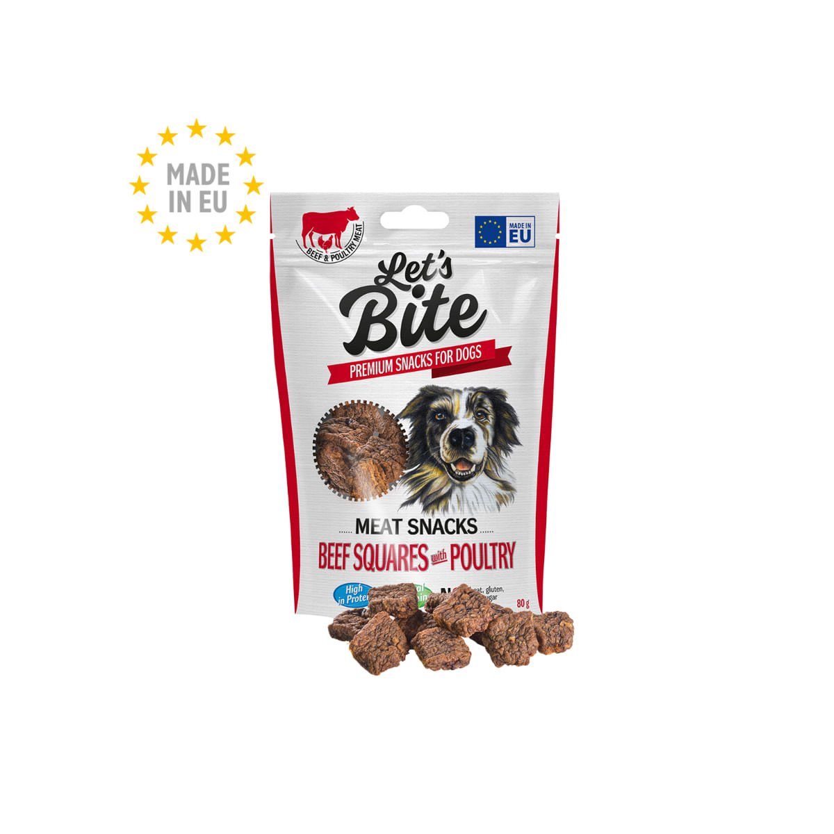 BRIT Let\'s Bite Meat Snacks Beef Squares with Poultry, XS-XL, Vită și Pui, punguță recompense fără cereale câini, 80g