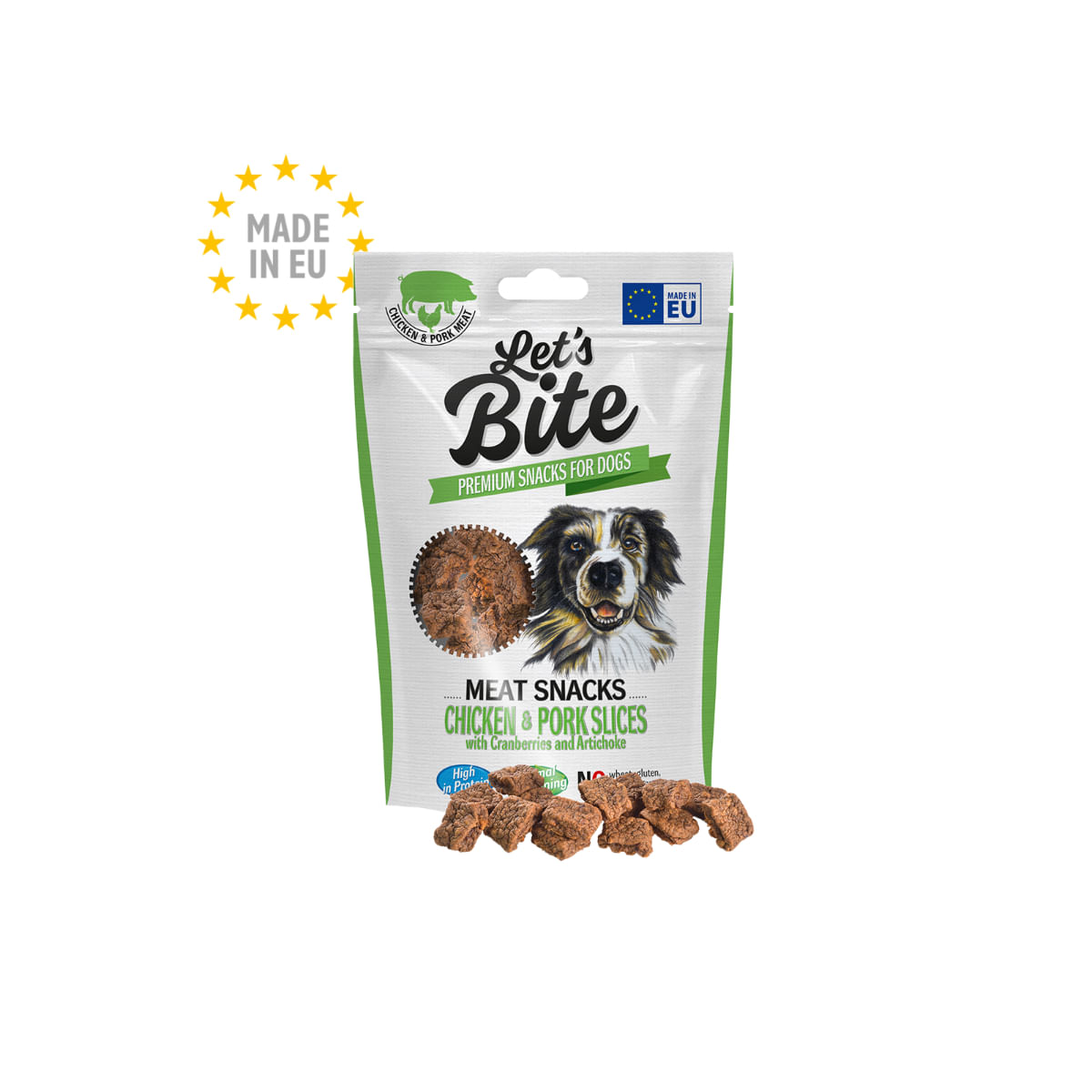 BRIT Let\'s Bite Meat Snacks Chicken & Pork Slices, XS-XL, Pui și Porc, punguță recompense fără cereale câini, 80g