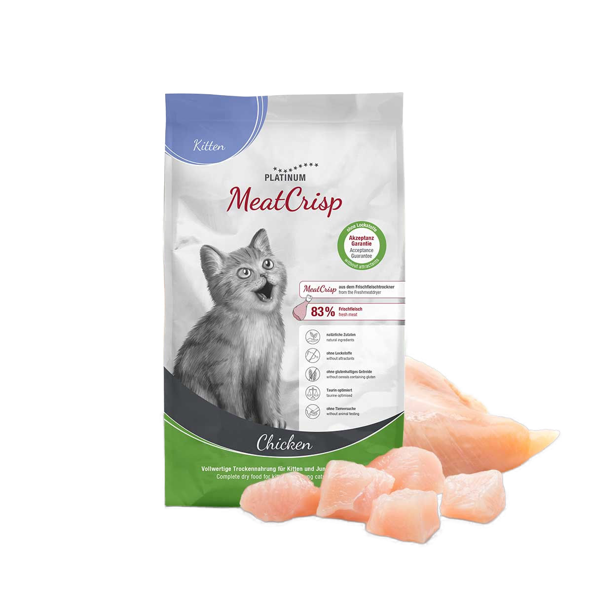 PLATINUM MeatCrisp Kitten, Pui, hrană uscată pisici junior, deshidratat, 1.5kg