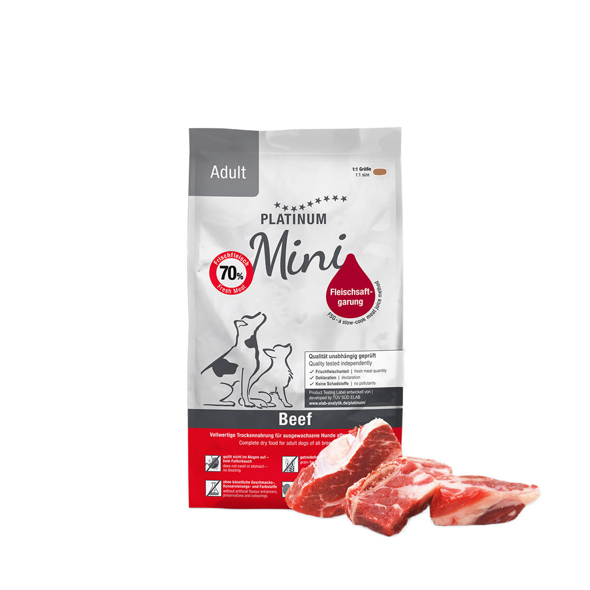 PLATINUM Adult Mini, XS-S, Vită, hrană uscată fără cereale câini, semimoist, 900g