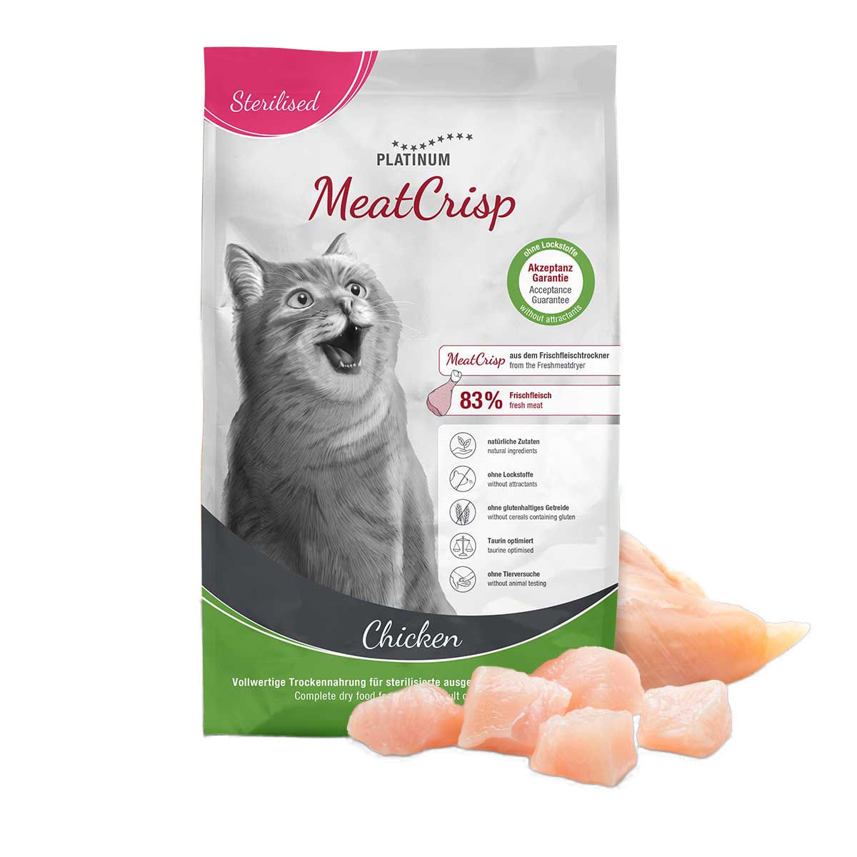 PLATINUM MeatCrisp Sterilised , Pui, hrană uscată pisici sterilizate, deshidratat, 3kg