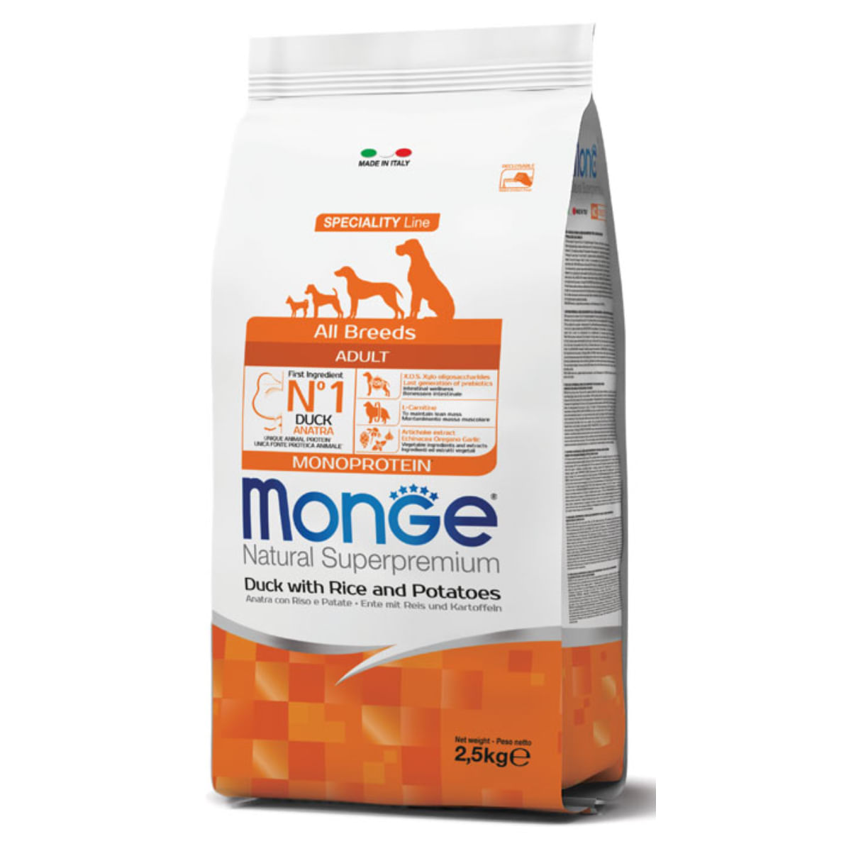 MONGE Natural Superpremium Monoprotein, XS-XL, Rață și Orez, hrană uscată câini, 2.5kg