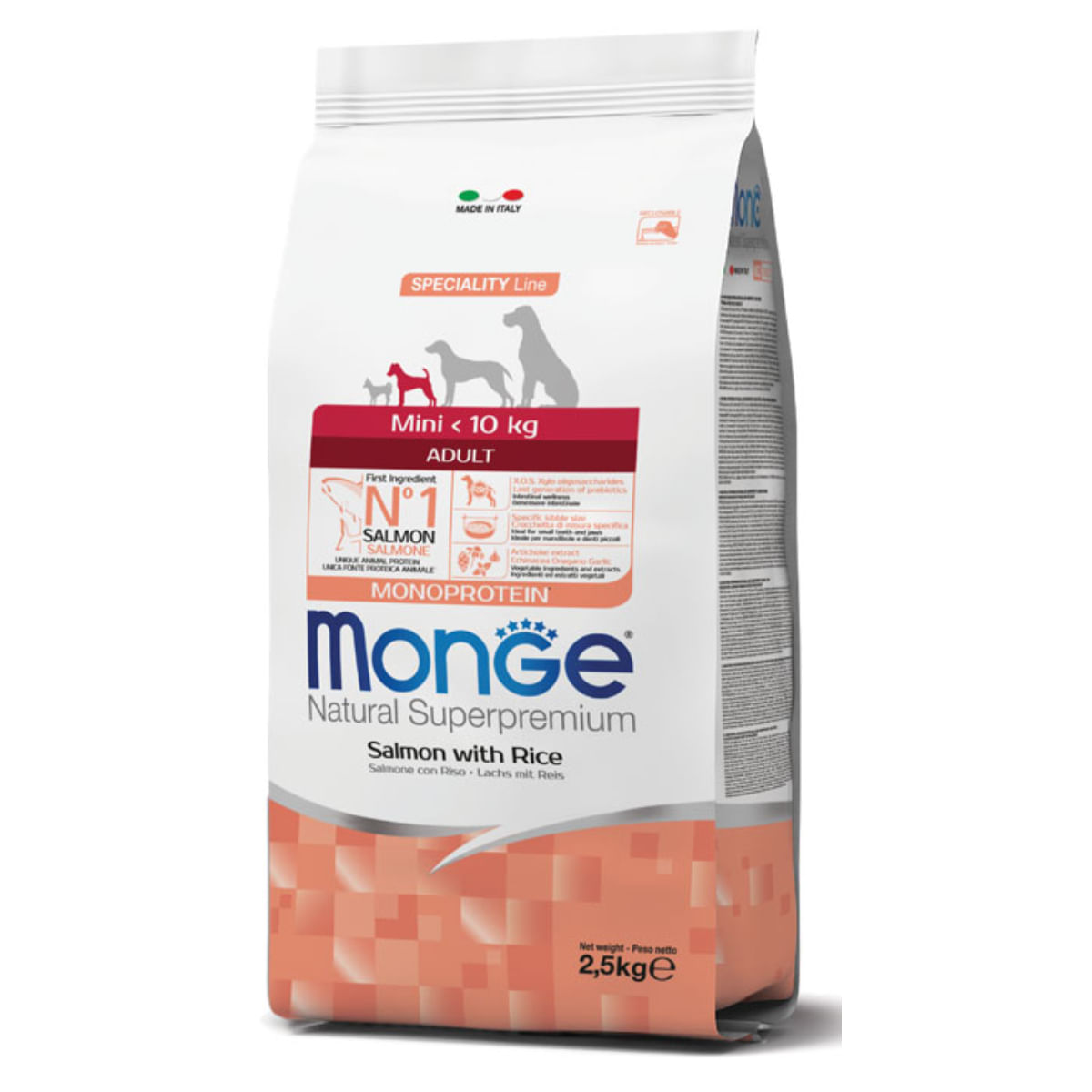 MONGE Natural Superpremium Monoprotein Adult Mini, XS-S, Somon și Orez, hrană uscată câini, 2.5kg