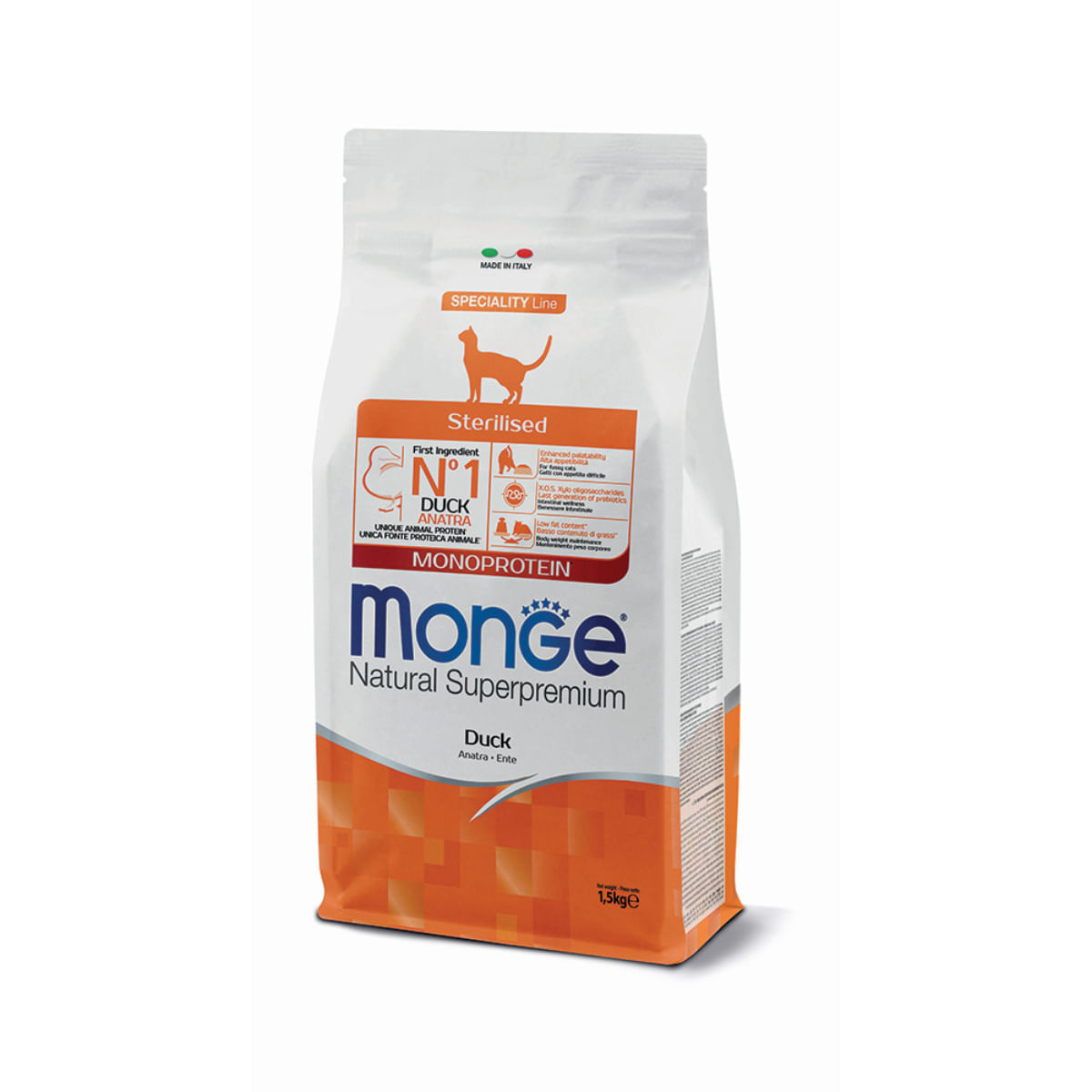 MONGE Natural Superpremium Monoprotein Sterilised, Rață, hrană uscată pisici sterilizate, 1.5kg