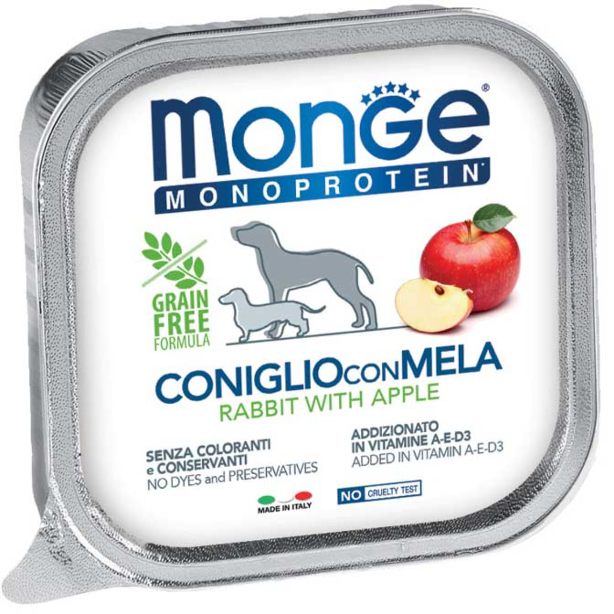 MONGE Monoprotein, XS-XL, Iepure și Măr, tăviță hrană umedă monoproteică fără cereale câini, (pate), bax, 150g x 24buc