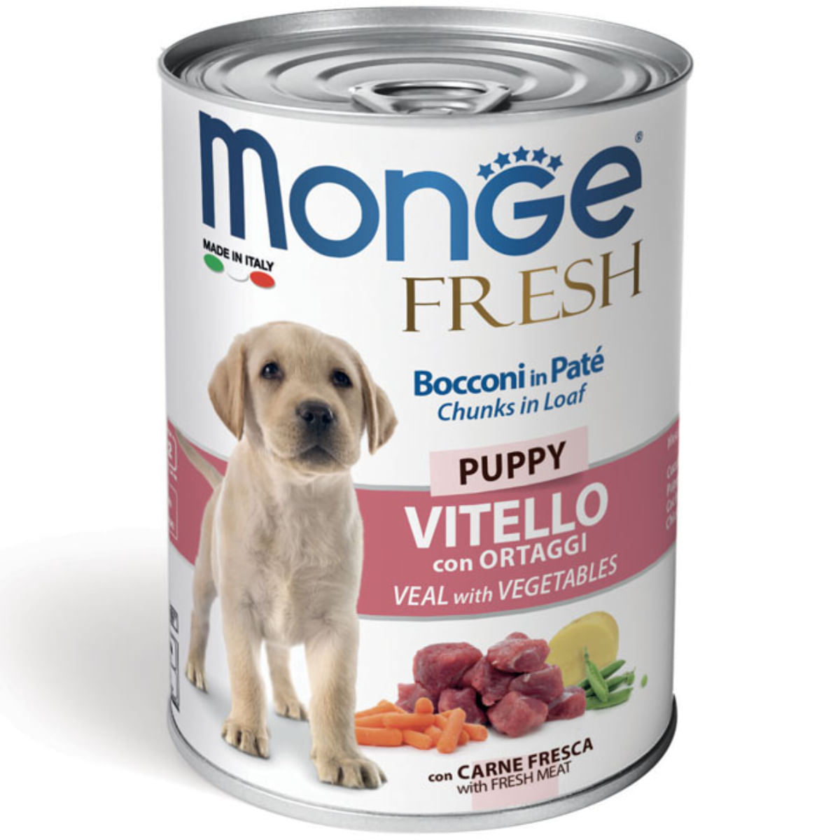 MONGE Fresh Puppy&Junior, XS-XL, Vițel și Legume, conservă hrană umedă câini junior, (în suc propriu), 400g