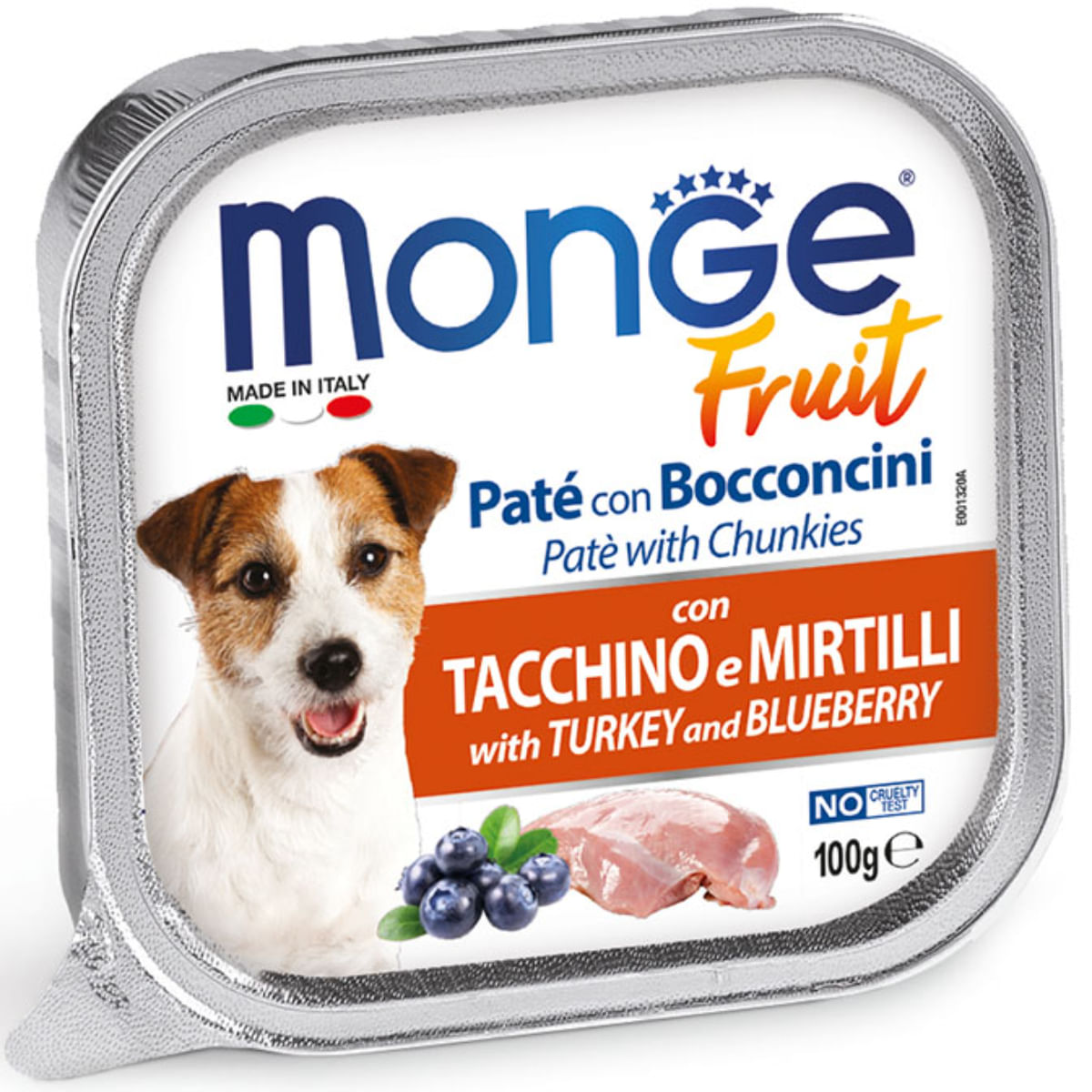 MONGE Fruit, XS-XL, Curcan și afine, tăviță hrană umedă fără cereale câini, (în suc propriu), 100g