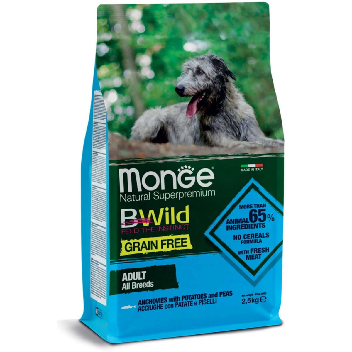 MONGE BWild, XS-XL, Anșoa și Cartofi, hrană uscată fără cereale câini, 2.5kg