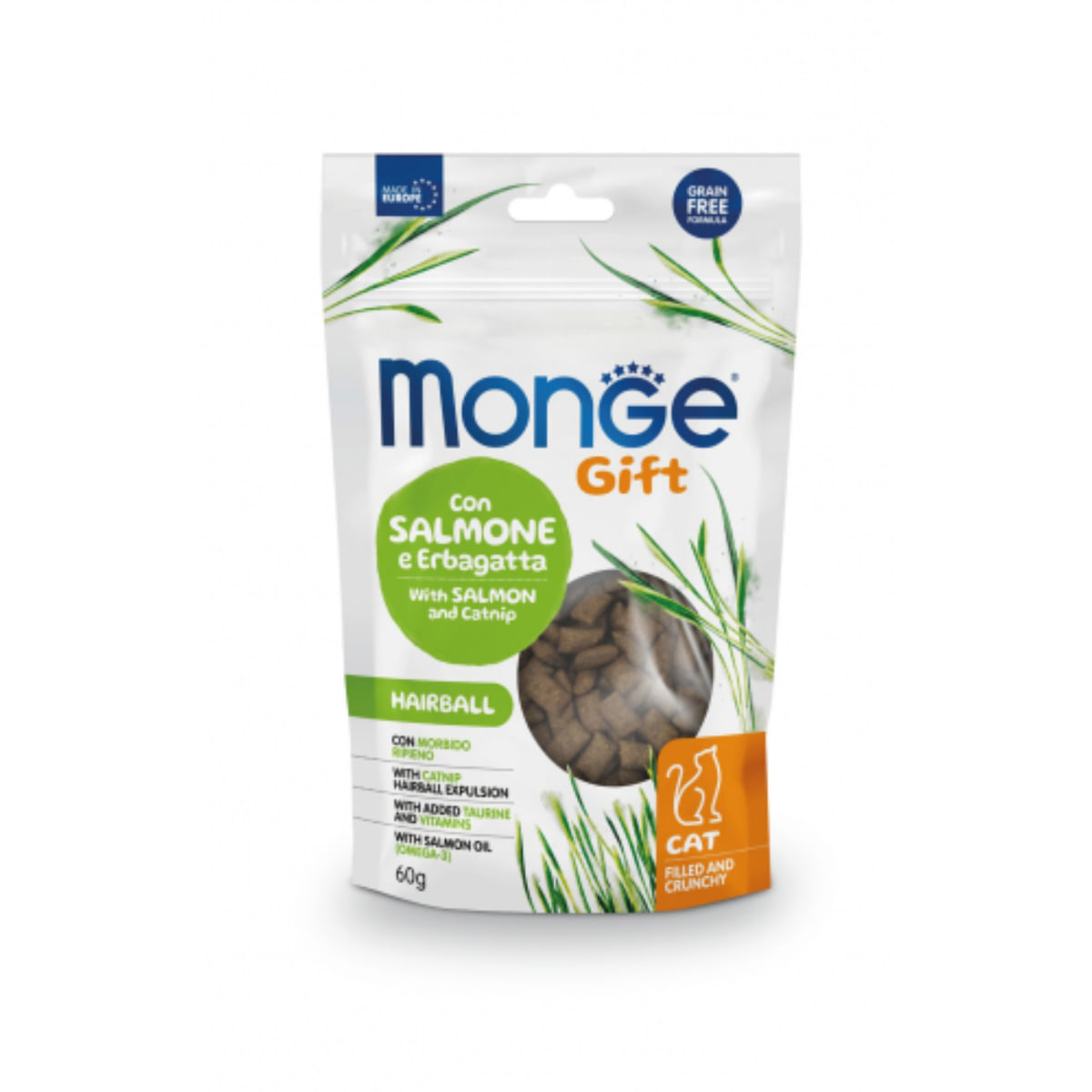 MONGE Gift Hairball  Filled & Crunchy, Somon și Catnip, punguță recompense funcționale fără cereale pisici, limitarea ghemurilor de blană, 60g