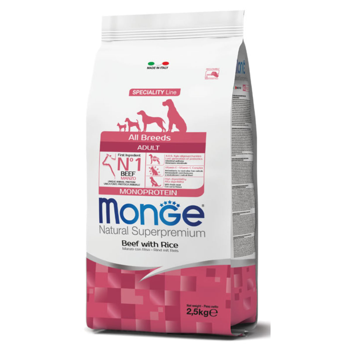 MONGE Natural Superpremium Monoprotein, XS-XL, Vită și Orez, hrană uscată câini, 2.5kg