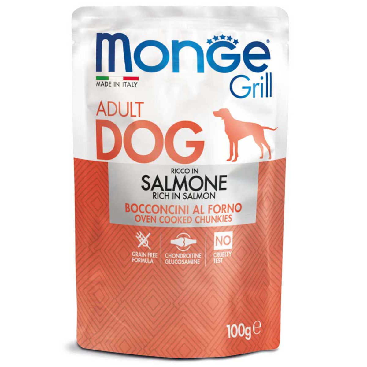 MONGE Grill, XS-XL, Somon, plic hrană umedă câini, (în suc propriu), bax, 100g x 24buc