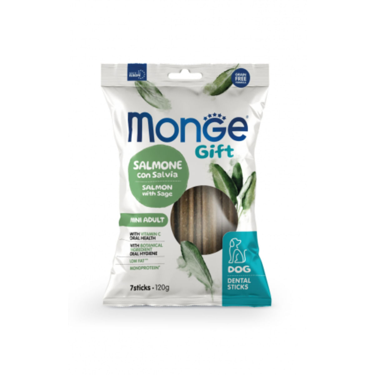 MONGE Gift Mini Dental Sticks, XS-S, Somon și Salvie, punguță recompense funcționale fără cereale câini, sensibilități dentare, 120g