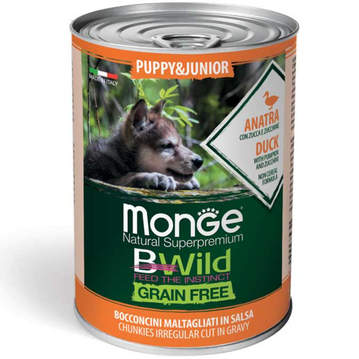 MONGE BWild Puppy&Junior, XS-XL, Rață și dovleac, conservă hrană umedă fără cereale câini junior, (în sos), 400g