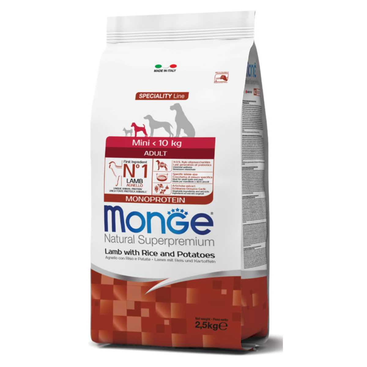 MONGE Natural Superpremium Monoprotein Adult Mini, XS-S, Miel și Orez, hrană uscată câini, 2.5kg