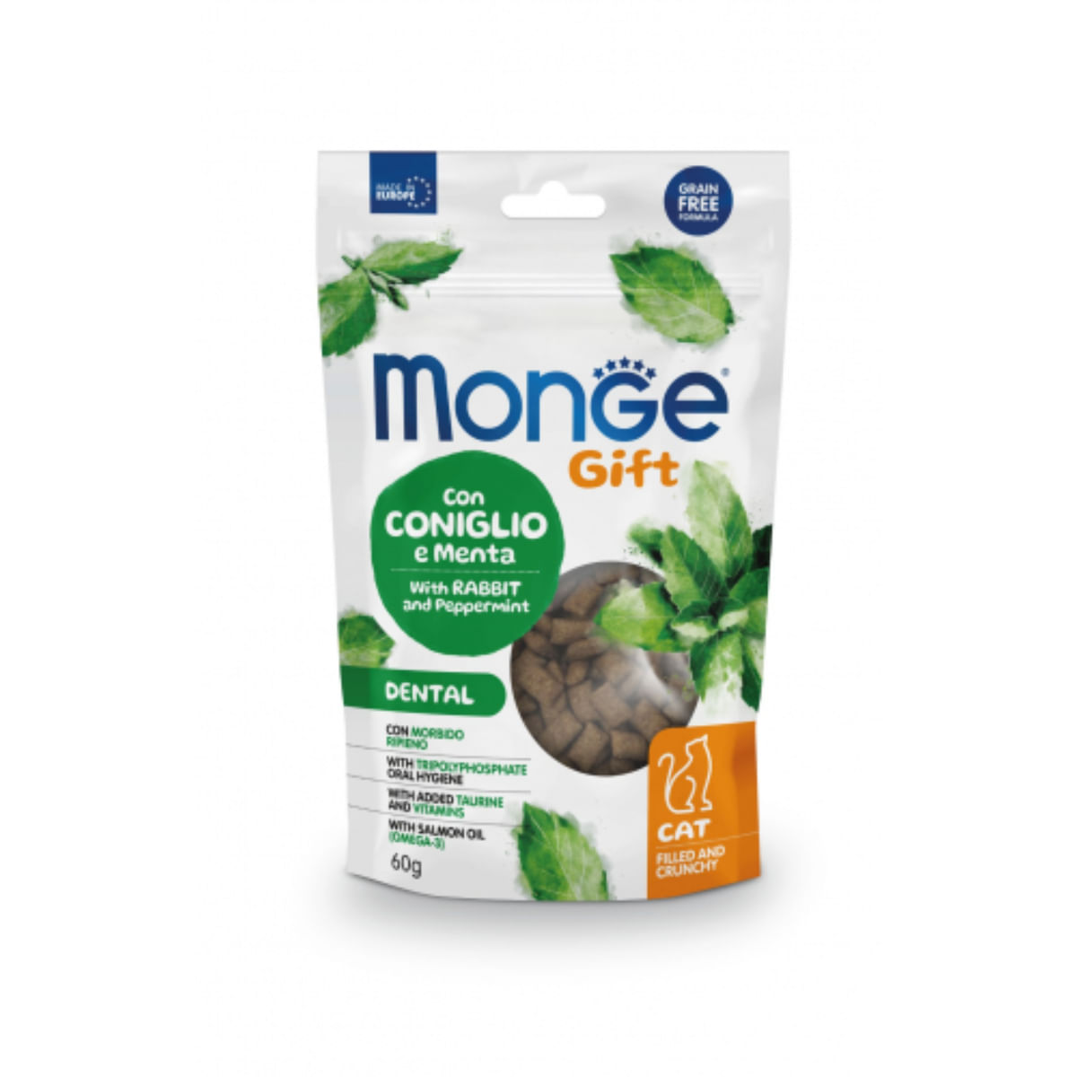 MONGE Gift Dental Filled & Crunchy, Iepure și Mentă, punguță recompense funcționale fără cereale pisici, sensibilități dentare, 60g