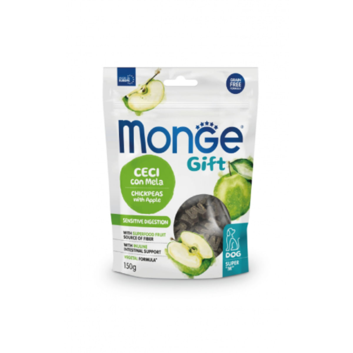 MONGE Gift Super M Sensitive Digestion, XS-XL, Năut și Mere, punguță recompense funcționale fără cereale câini, sistem digestiv, 150g