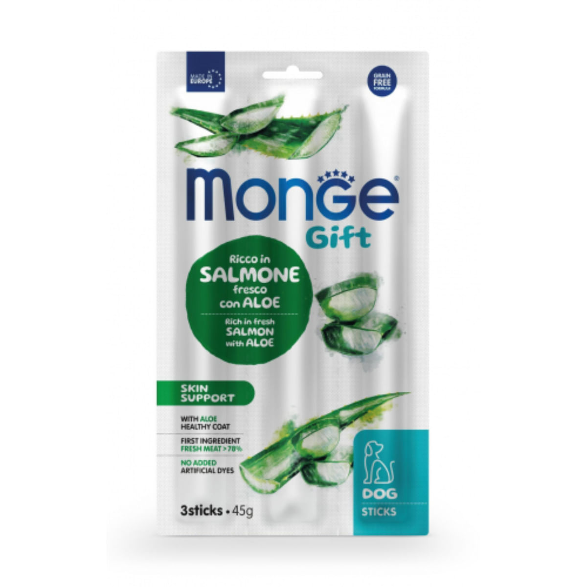 MONGE Gift Skin Support, XS-XL, Somon și Aloe Vera, punguță recompense funcționale fără cereale câini, piele & blană, 45g