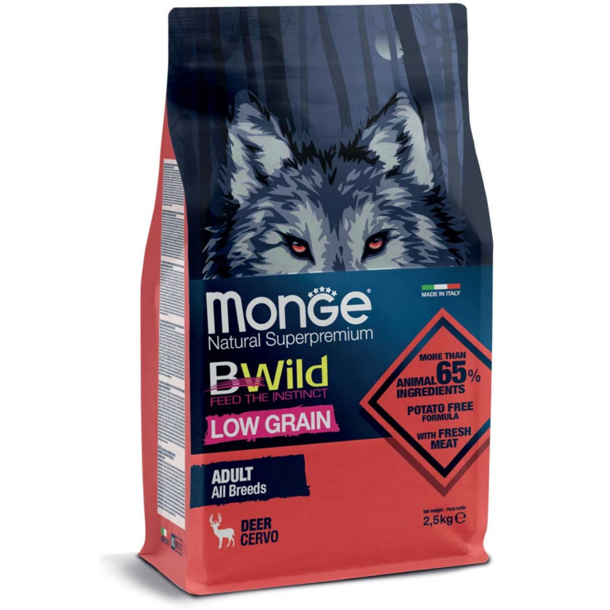 MONGE BWild, XS-XL, Căprioară, hrană uscată conținut redus cereale câini, 2.5kg