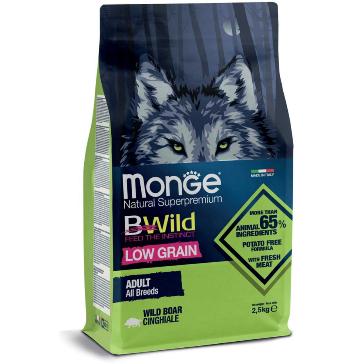 MONGE BWild, XS-XL, Mistreț, hrană uscată conținut redus cereale câini, 12kg