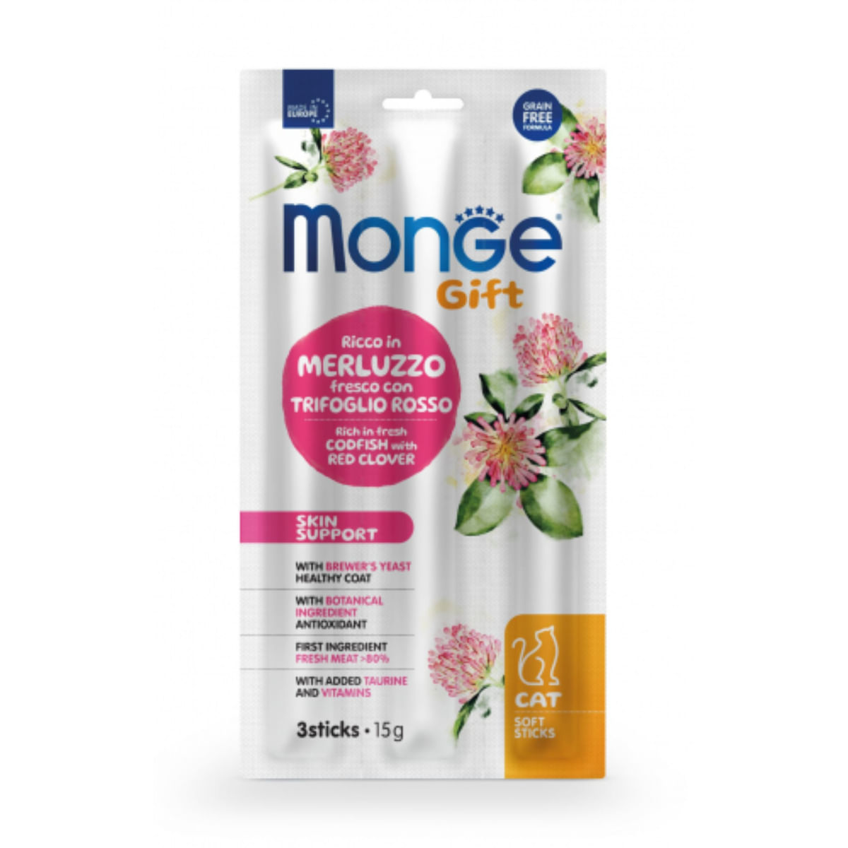 MONGE Gift Skin Support Soft Sticks, Cod și Trifoi, punguță recompense funcționale fără cereale pisici, piele & blană, 15g