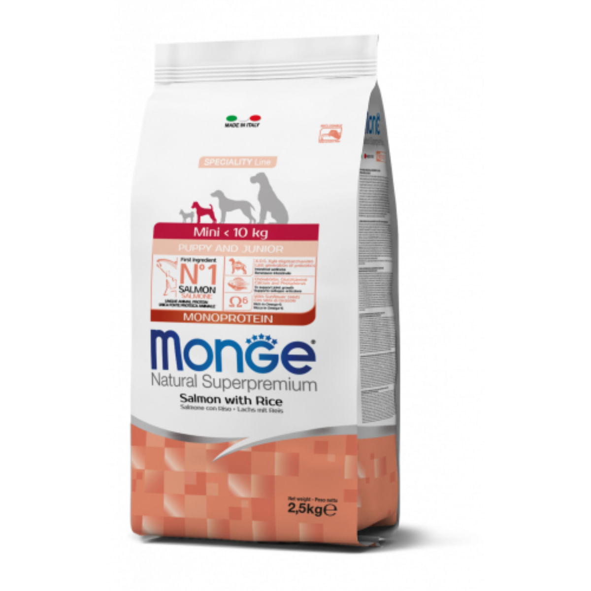 MONGE Natural Superpremium Monoprotein Puppy&Junior Mini, XS-S, Somon și Orez, hrană uscată câini junior, 7.5kg