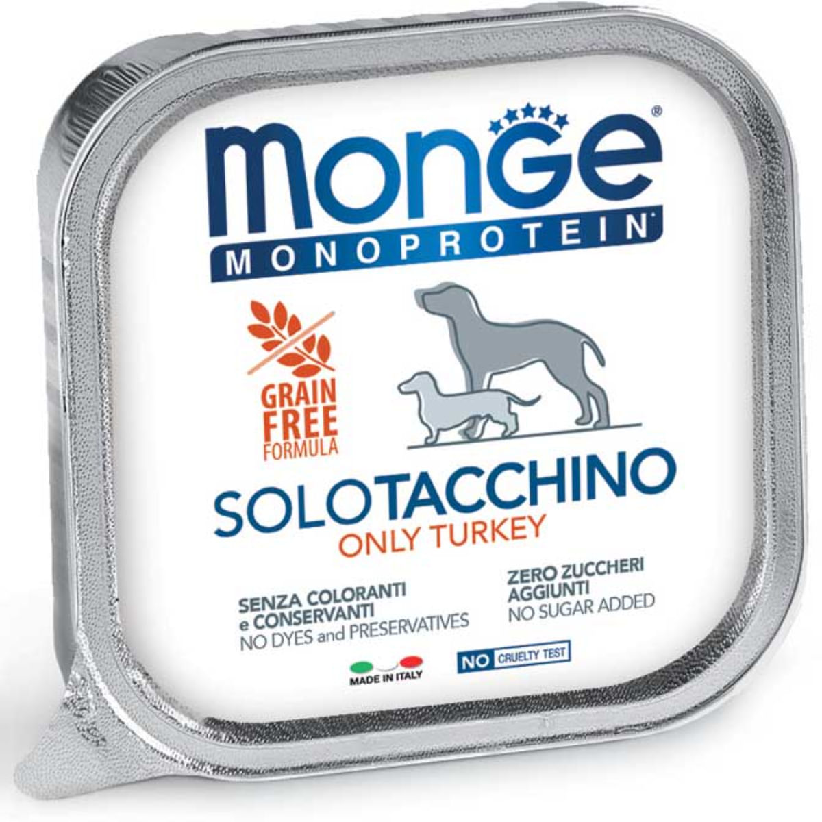 MONGE Monoprotein, XS-XL, Curcan, tăviță hrană umedă monoproteică fără cereale câini, (pate), 150g