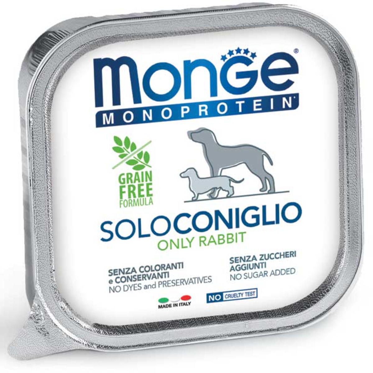 MONGE Monoprotein, XS-XL, Iepure, tăviță hrană umedă monoproteică fără cereale câini, (pate), bax, 150g x 24buc