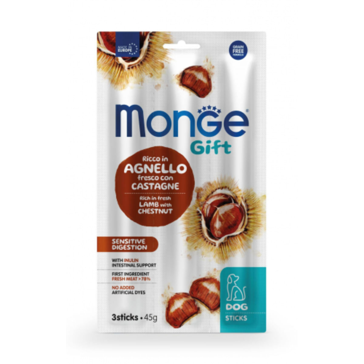 MONGE Gift Sensitive Digestion, XS-XL, Miel și Castane, punguță recompense funcționale fără cereale câini, sistem digestiv, 45g