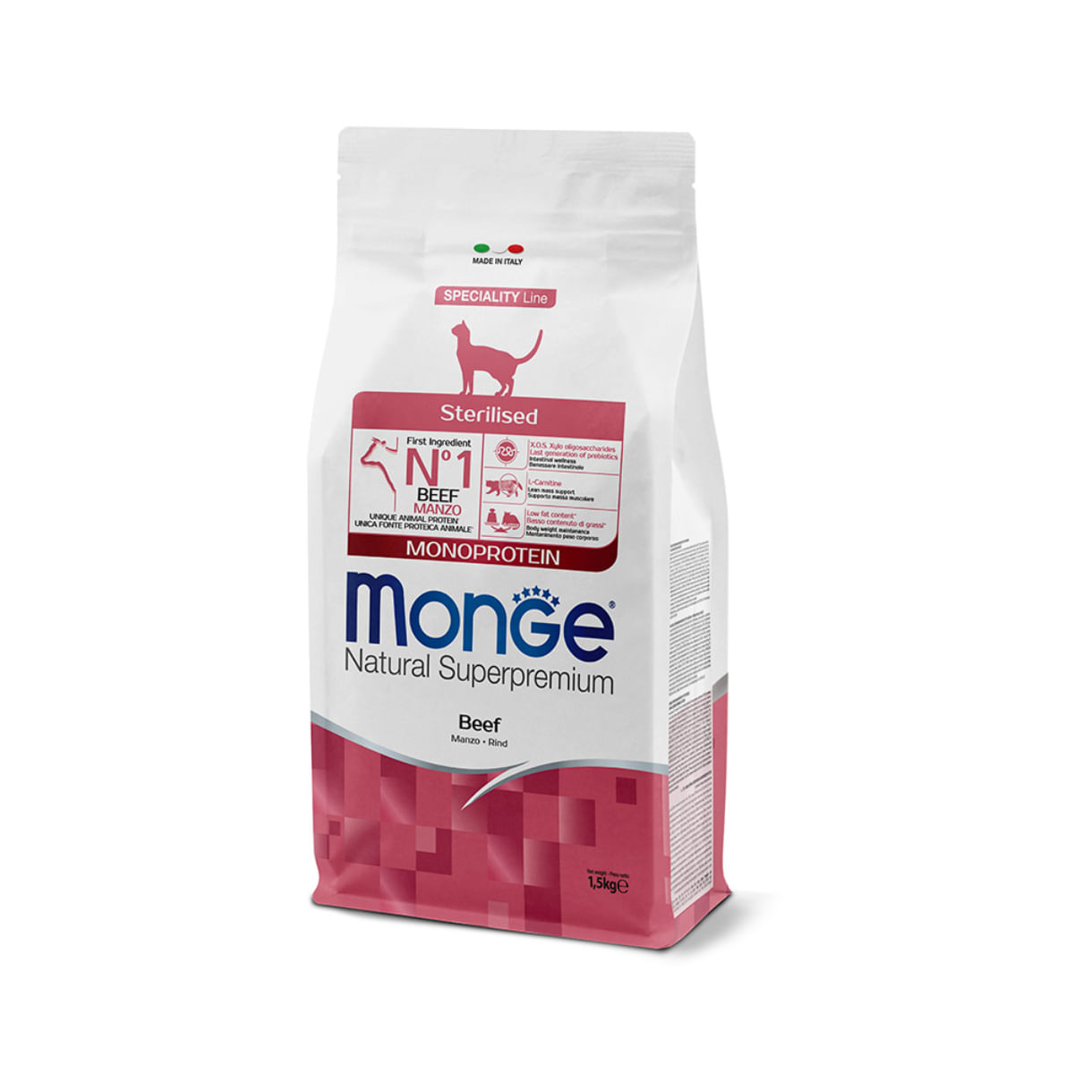 MONGE Natural Superpremium Monoprotein Sterilised, Vită, hrană uscată pisici sterilizate, 1.5kg