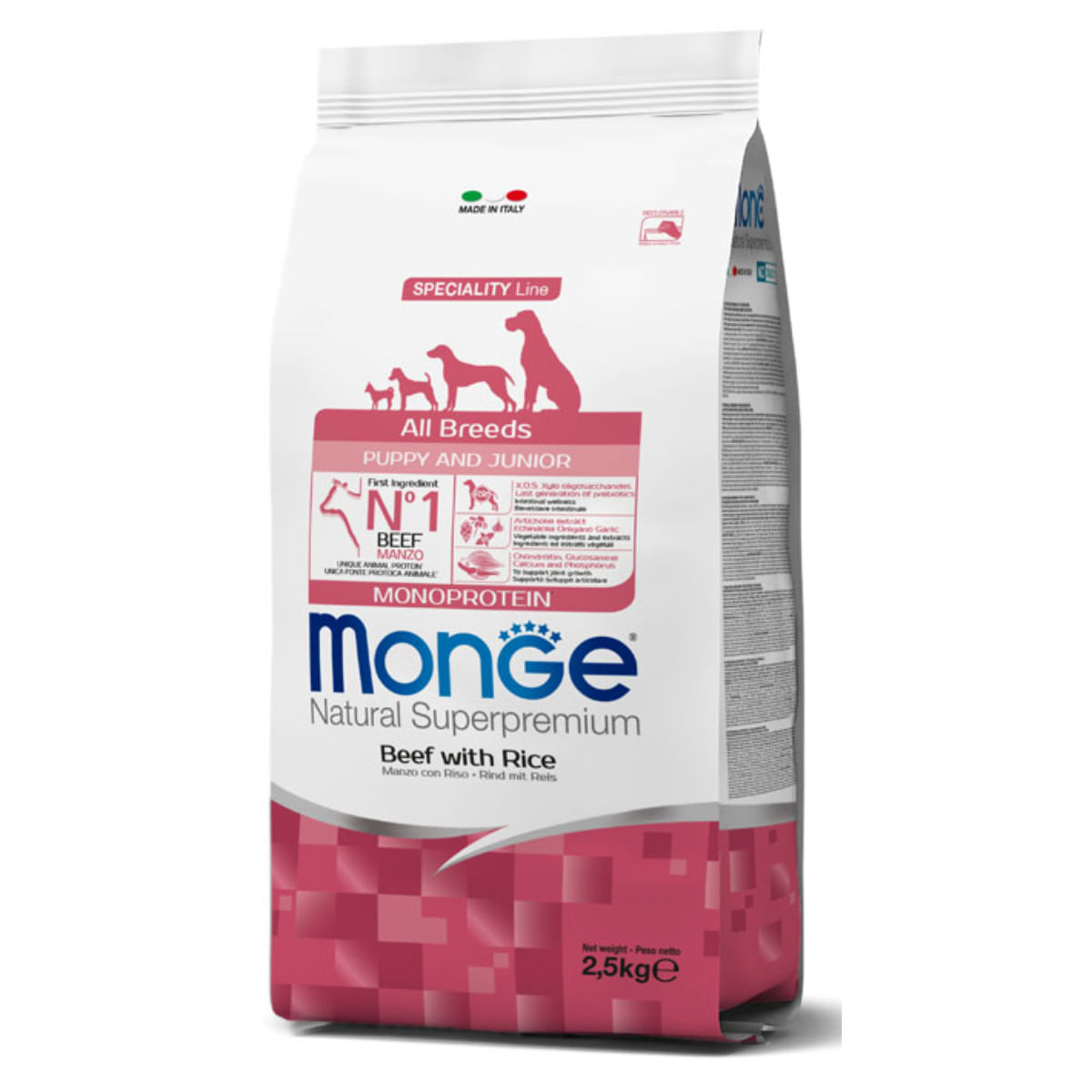 MONGE Natural Superpremium Monoprotein Puppy&Junior, XS-XL, Vită și Orez, hrană uscată câini junior, 2.5kg