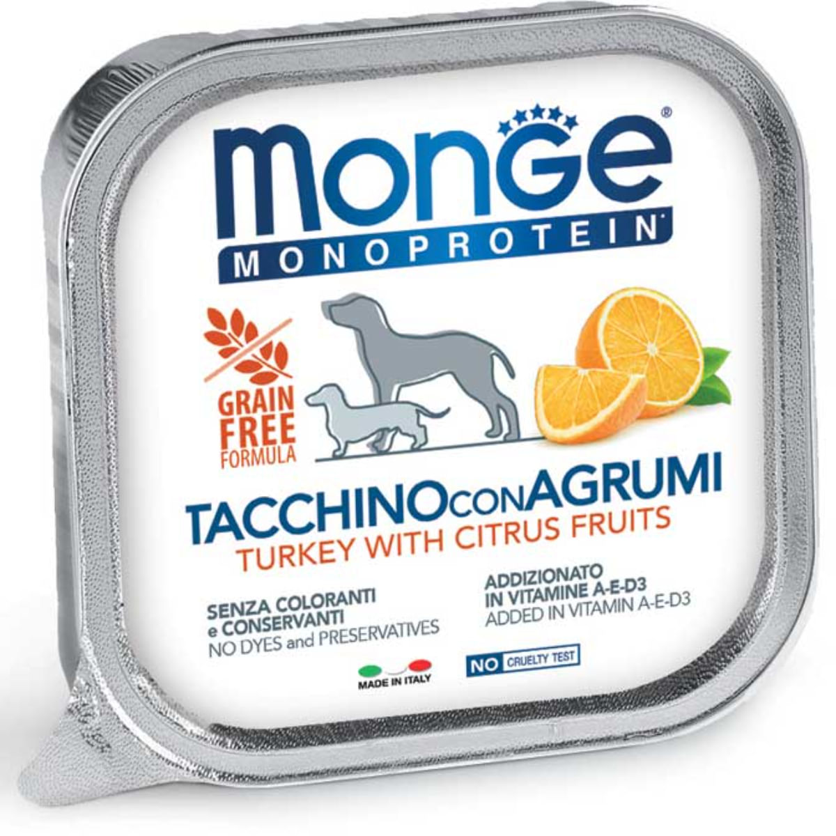 MONGE Monoprotein, XS-XL, Curcan și Fructe, tăviță hrană umedă monoproteică fără cereale câini, (pate), 150g