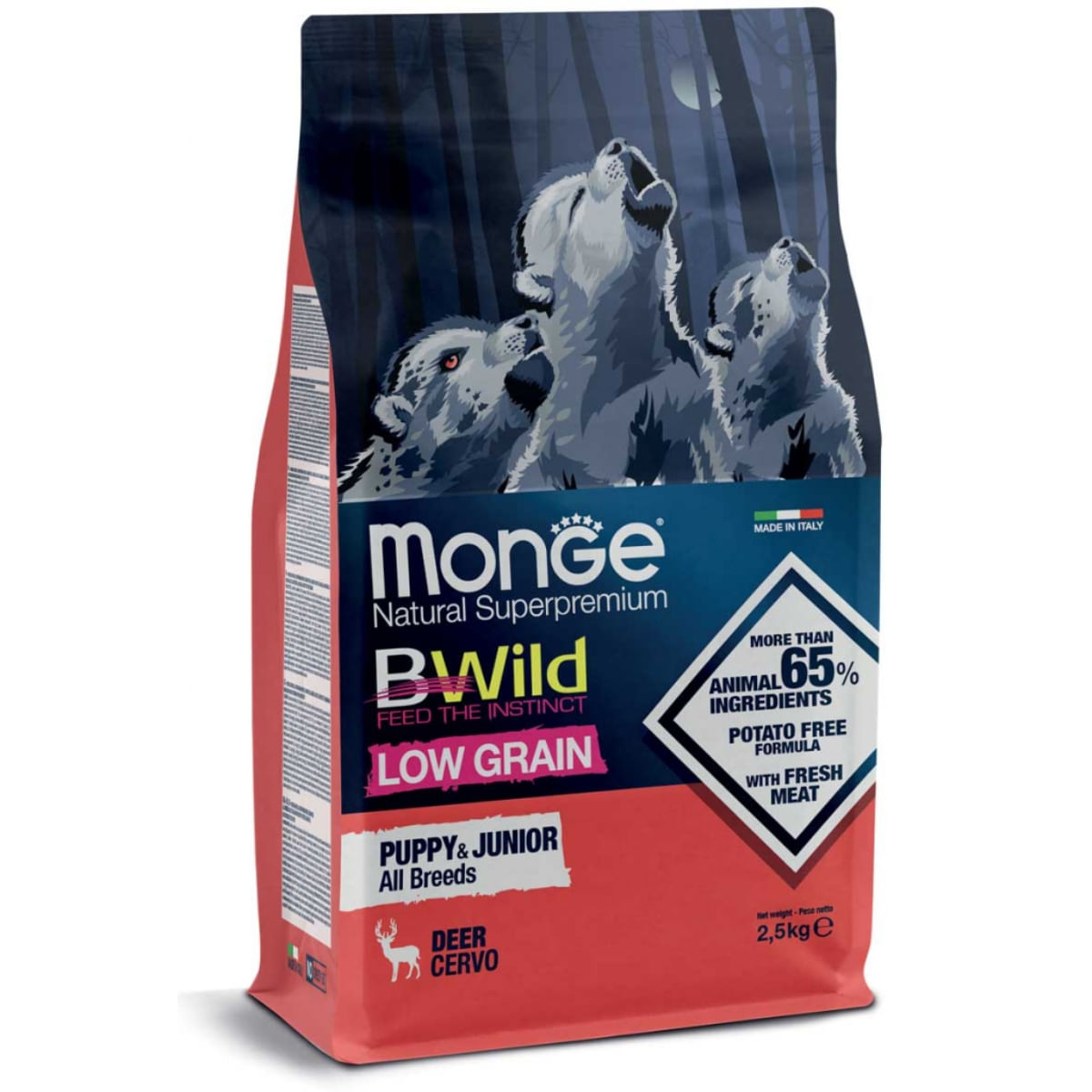 MONGE BWild Puppy & Junior, XS-XL, Căprioară, hrană uscată conținut redus cereale câini junior, 2.5kg