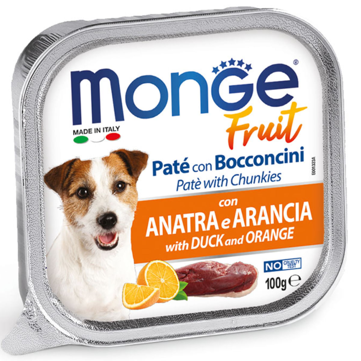 MONGE Fruit, XS-XL, Rață și Portocale, tăviță hrană umedă fără cereale câini, (în suc propriu), 100g