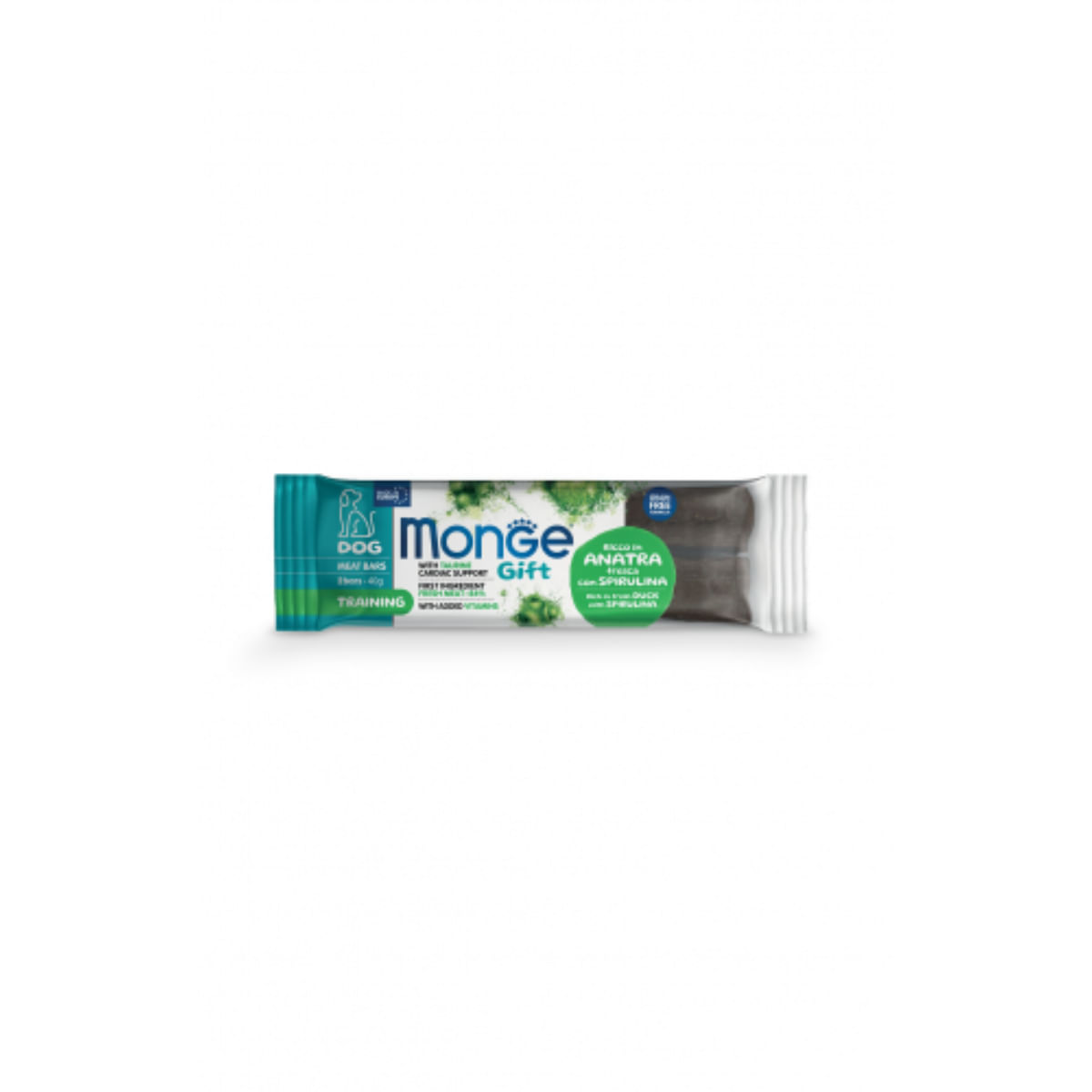 MONGE Gift Training Spirulina Meat Bars, XS-XL, Rață și Spirulină, punguță recompense funcționale fără cereale câini, 40g