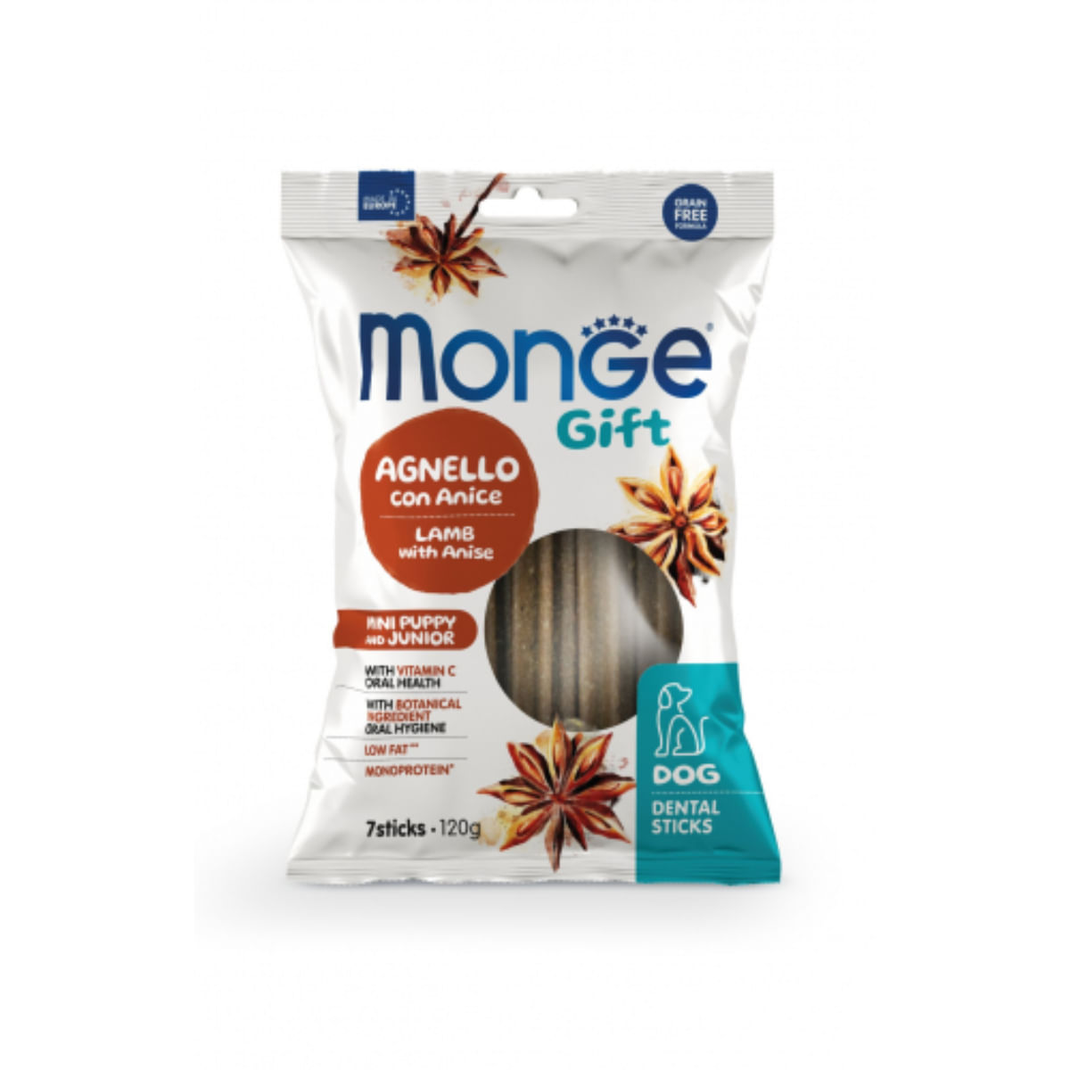 MONGE Gift Puppy&Junior Mini Dental Sticks, XS-S, Miel și Anason, punguță recompense funcționale fără cereale câini junior, 120g