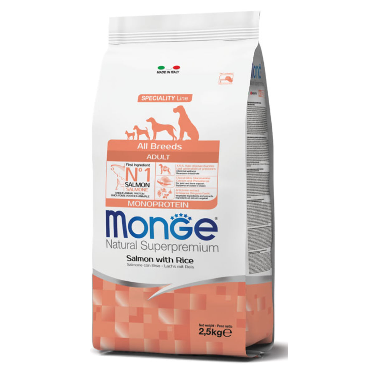 MONGE Natural Superpremium Monoprotein, XS-XL, Somon și Orez, hrană uscată câini, 12kg