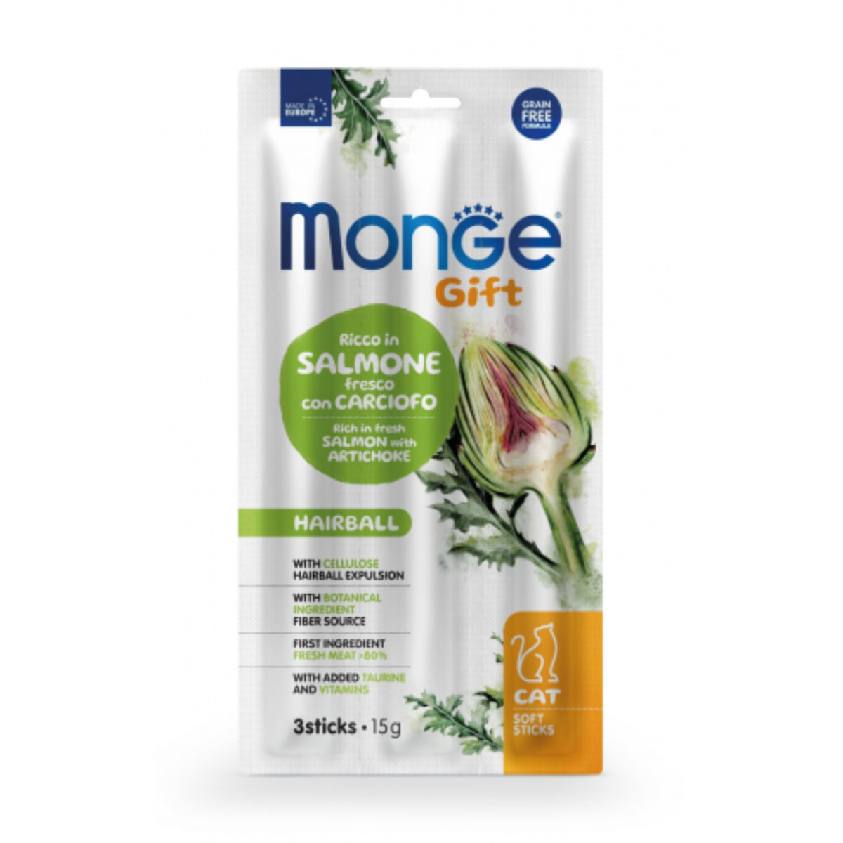 MONGE Gift Hairball Soft Sticks, Somon și Anghinare, punguță recompense funcționale fără cereale pisici, limitarea ghemurilor de blană, 15g