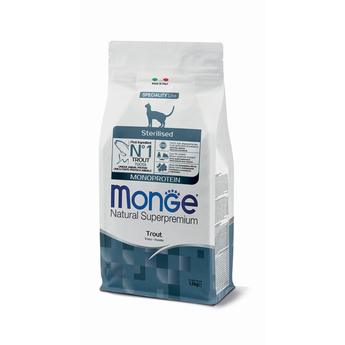 MONGE Natural Superpremium Monoprotein Sterilised, Păstrăv, hrană uscată pisici sterilizate, 1.5kg