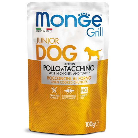MONGE Grill Junior, XS-XL, Pui și Curcan, plic hrană umedă câini junior, (în suc propriu), 100g