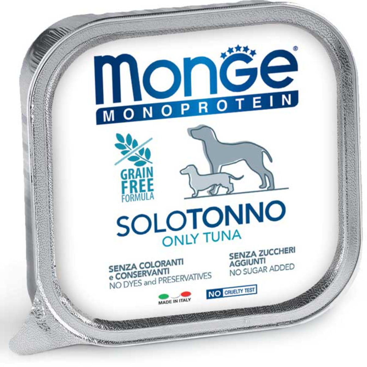 MONGE Monoprotein, XS-XL, Ton, tăviță hrană umedă monoproteică fără cereale câini, (pate), bax, 150g x 24buc