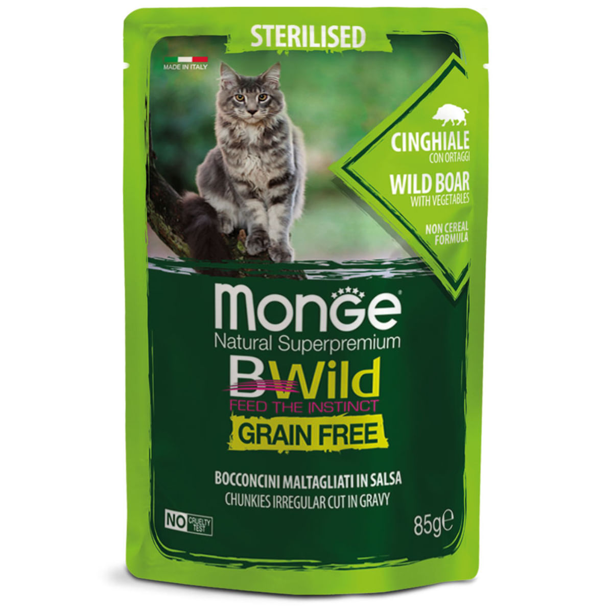 MONGE BWild Sterilised, Mistreț și Legume, plic hrană umedă fără cereale pisici sterilizate, (în sos), 85g