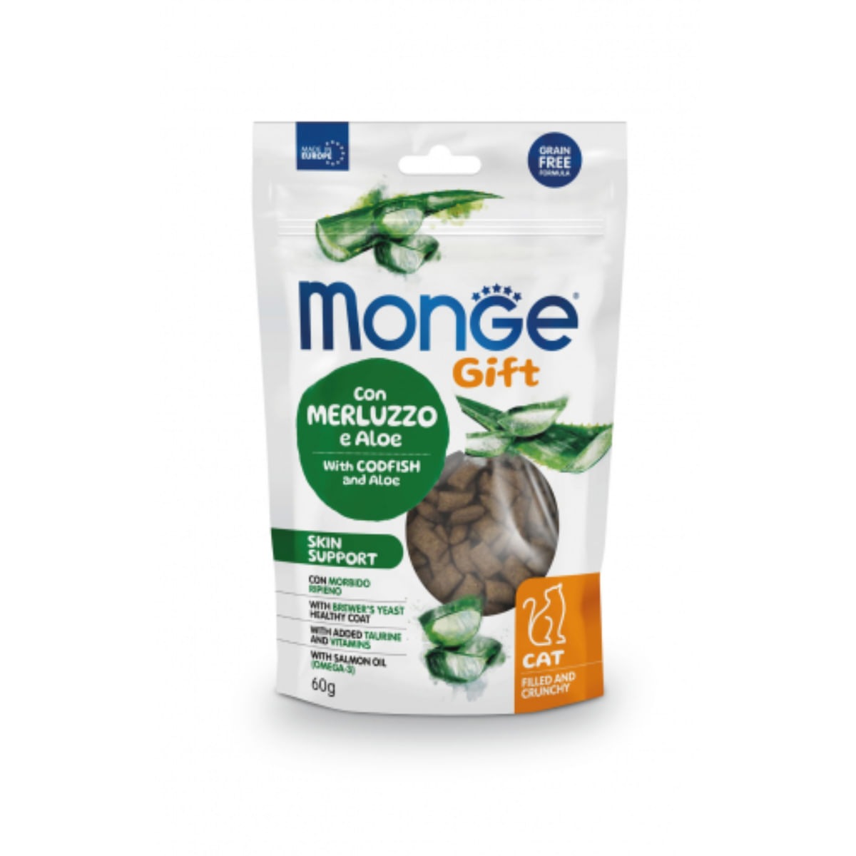 MONGE Gift Skin Support  Filled & Crunchy, Cod și Aloe Vera, punguță recompense funcționale fără cereale pisici, piele & blană, 60g