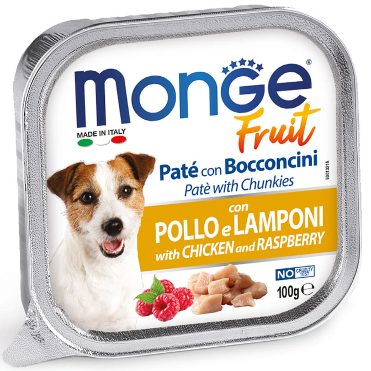 MONGE Fruit, XS-XL, Pui și Zmeură, tăviță hrană umedă fără cereale câini, (în suc propriu), 100g