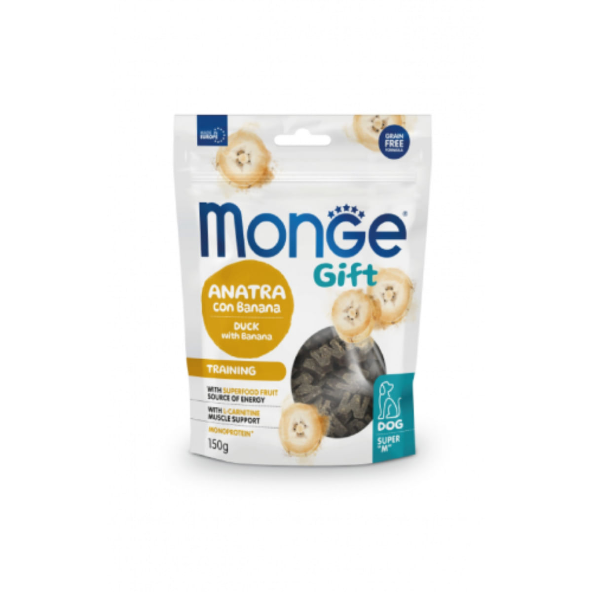 MONGE Gift Super M Training, XS-XL, Rață și Banane, punguță recompense funcționale fără cereale câini, 150g