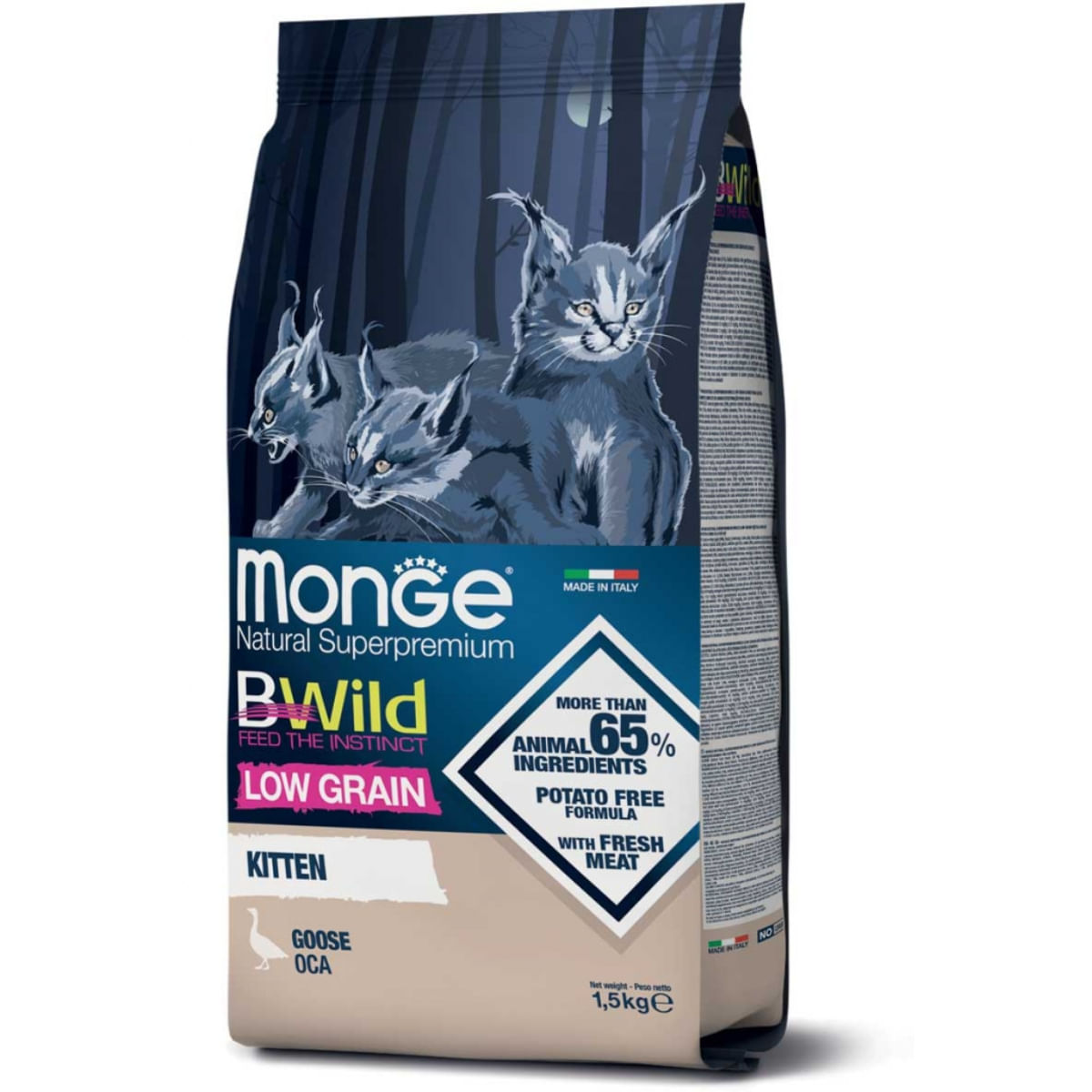 MONGE BWild Kitten, Gâsca, hrană uscată conținut redus cereale pisici junior, 1.5kg