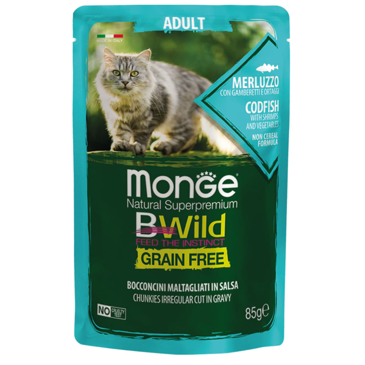 MONGE BWild, Cod și Creveți, plic hrană umedă fără cereale pisici, (în sos), 85g